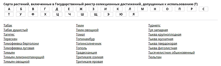 страница алфавитного списка видов базы данных Госсортреестра